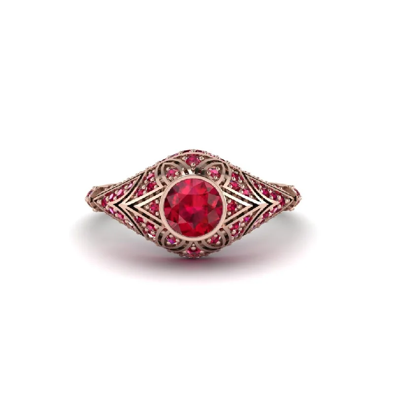 Classic Rose Gold Rings For Timeless Appeal-Ruby Bezel Vintage Filigree Engagement Ring - Kendall No. 56