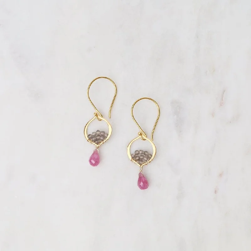 Bold Beaded Earrings For Bohemian Style-Tiny Arabesque Earrings with Pink Sapphires