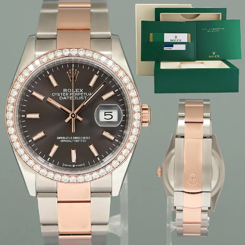 Classic Black Watches For Sleek Appeal-2020 PAPERS Rolex DateJust Rose Gold Steel 36mm 126281RBR Rhodium Diamond Watch