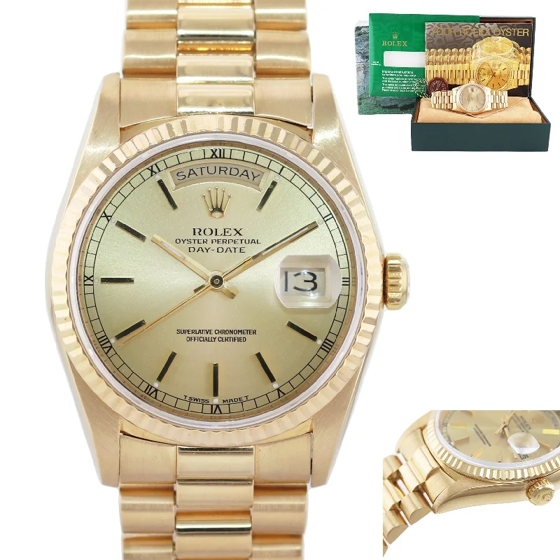 Stylish Men’s Smart Watches For Everyday Wear-MINT Rolex President Champagne Stick Yellow Gold Double Quickset 18238 Watch Box