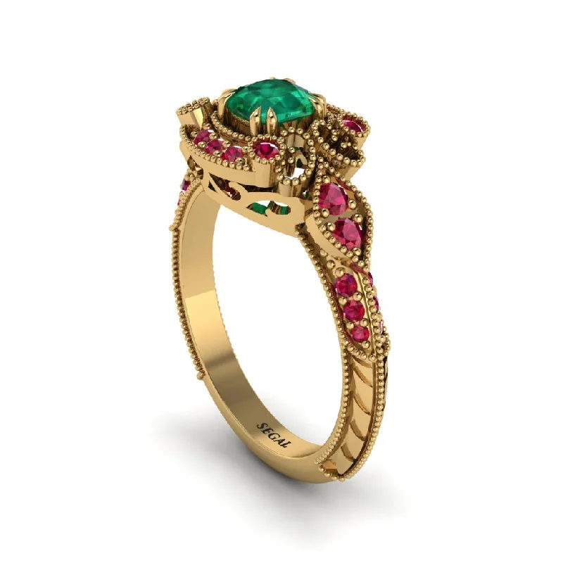 Timeless Wedding Bands For Classic Style-Emerald Vintage Filigree Cushion Cut Engagement Ring - Elaina No. 49