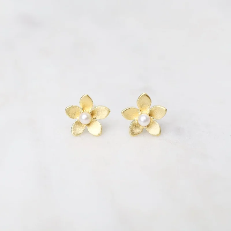 Classic Silver Earrings For Everyday Wear-Brushed Gold Vermeil Flower with Tiny Pearl Center Stud Earrings