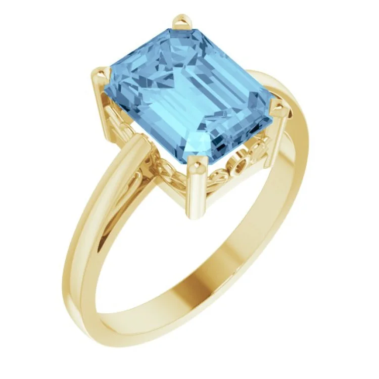 Elegant Wedding Bands For Romantic Vows-14K Yellow Natural Aquamarine Scroll Setting® Ring