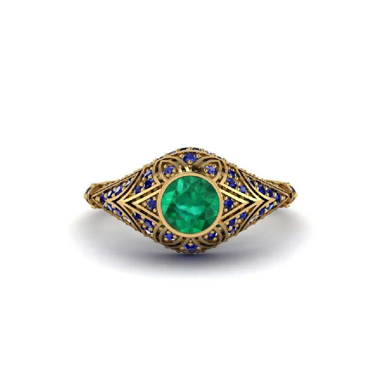 Timeless Wedding Rings For Classic Brides-Emerald Bezel Vintage Filigree Engagement Ring - Kendall No. 64