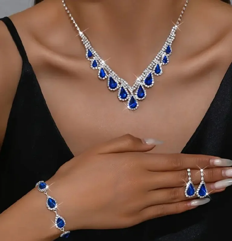 4pcs SILVER Blue Jewelry Set l Rhinestone Earrings l Necklace l Bracelet l Prom l Wedding JS-936