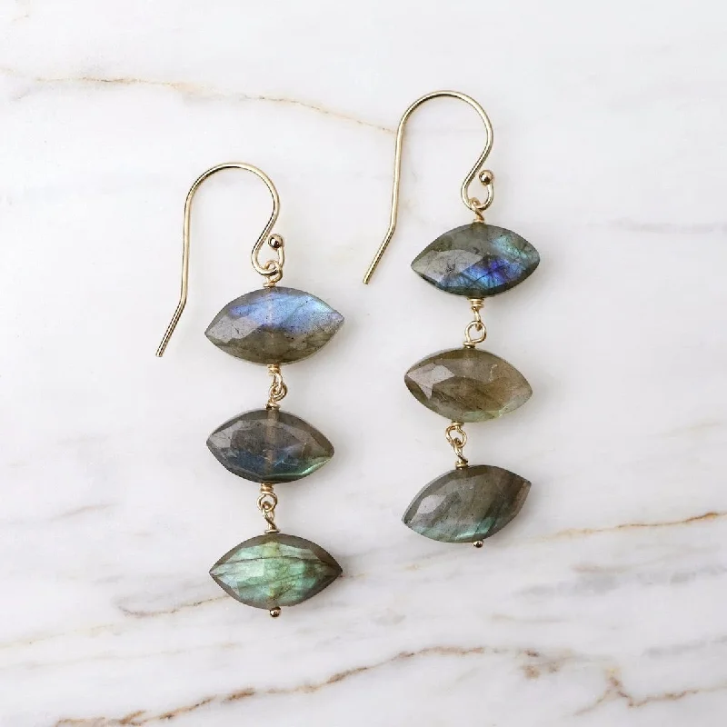 Sparkling Earrings For Formal Events-Triple Drop Elongated Faceted Labradorite Stone Earrings