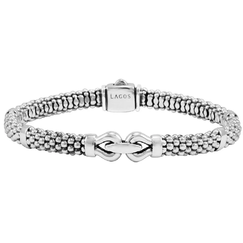 Classic Diamond Bracelets For Elegant Glam-Derby Caviar Buckle Bracelet in Sterling Silver, Size 7inch