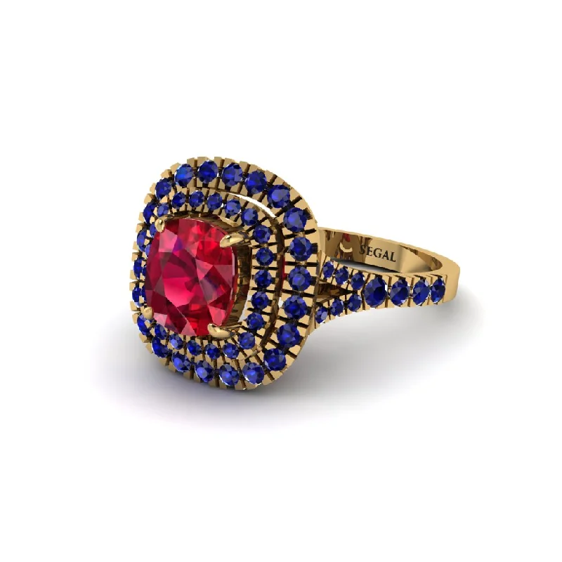 Bold Gemstone Rings For Statement Pieces-Ruby Double Halo Cushion Cut Engagement Ring - Courtney No. 70