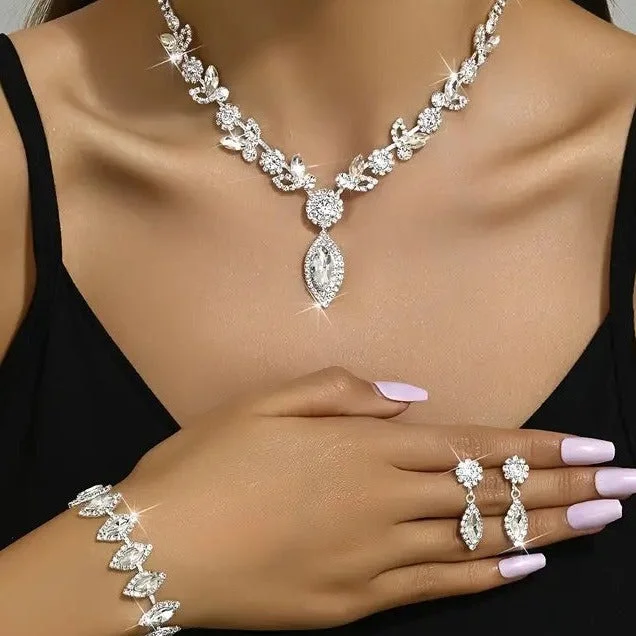 4pcs Jewelry Set l Rhinestone Earrings l Necklace l Bracelet l Prom l Wedding JS-943