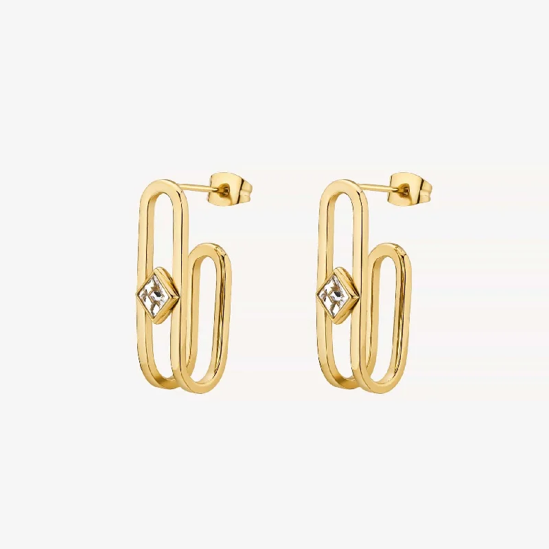 Beautiful Hoop Earrings For Stylish Women-Stainless Steel Gold Tone Bent Oval Earrings with Crystals