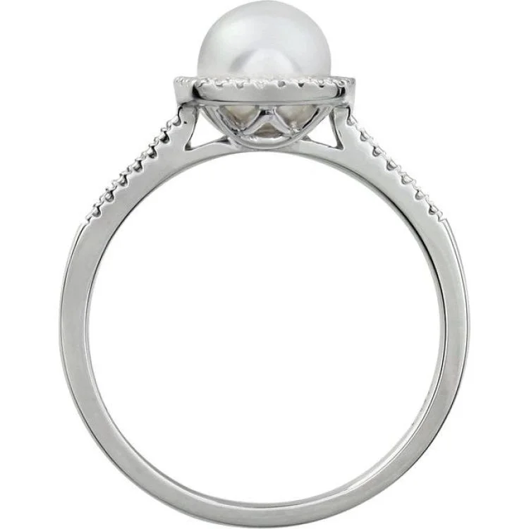 Luxury Wedding Rings For Elegant Brides-Sterling Silver Cultured White Freshwater Pearl & .01 CTW Natural Diamond Ring