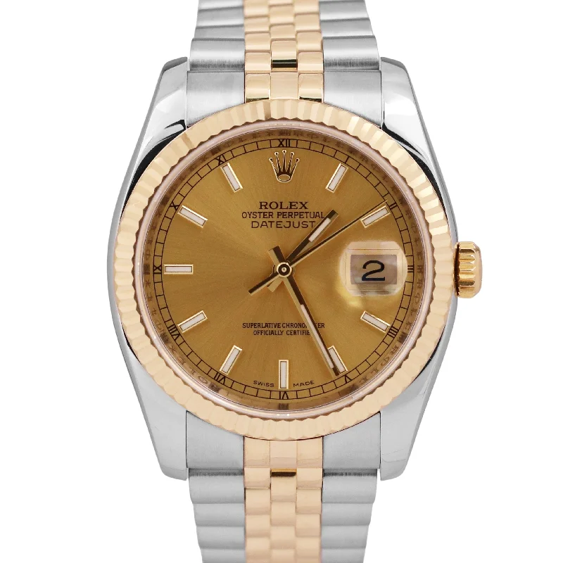 Elegant Designer Watches For Fashion Enthusiasts-MINT Rolex DateJust 36mm CHAMPAGNE 18K Yellow Gold Steel SUPER JUBILEE 116233