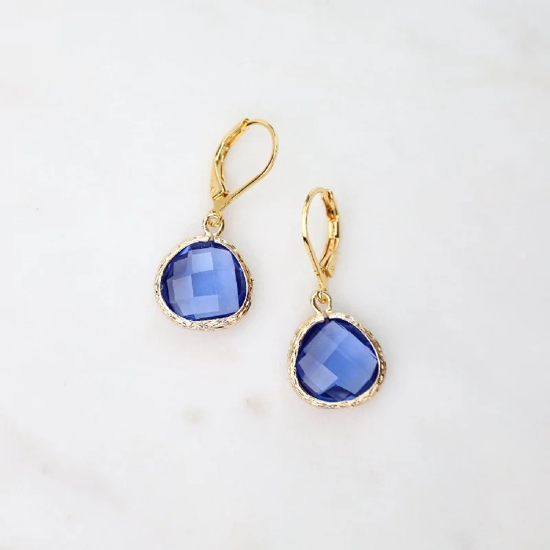 Elegant Crystal Earrings For Formal Glam-Gold Plated Lever Back Indigo Gemstone Earrings