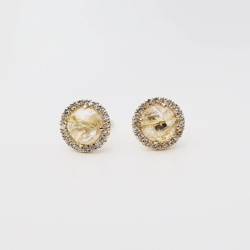 Elegant Stud Earrings For Formal Wear-Rose Cut Golden Rutilated Quartz with White Diamond Halo Post Earrings