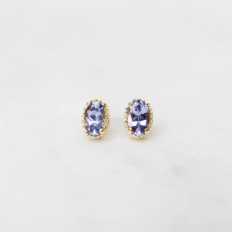 Bold Gold Earrings For Statement Looks-Gold Vermeil Oval Tanzanite with Milgrain Edge Stud Earrings