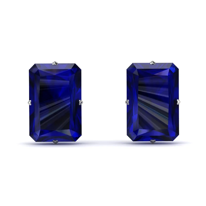 Trendy Silver Earrings For Stylish Women-Hidden Halo Emerald Cut Sapphire Earrings  - Vanessa No. 75