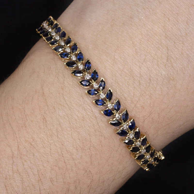 Simple Adjustable Bracelets For Everyday Comfort-10 CARAT SAPPHIRE DIAMOND BRACELET 14k YELLOW GOLD WIDE MARQUISE PATTERN BLUE