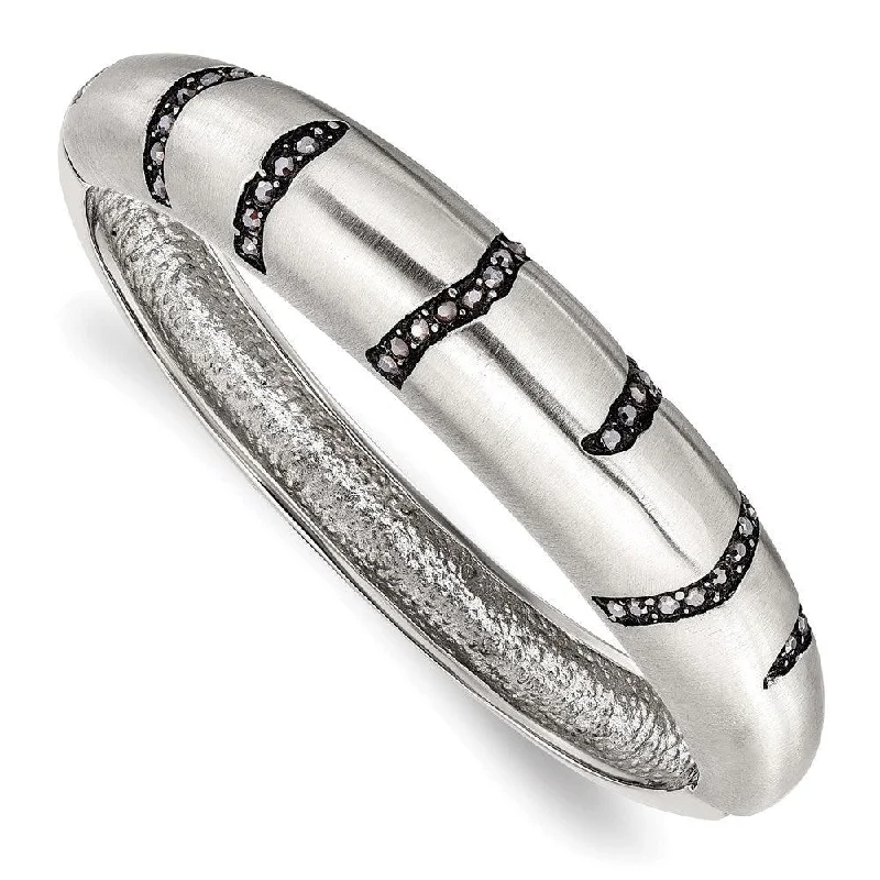 Stylish Bangles For Party and Evening Wear-Stainless Steel Brushed Black Crystal Hinged Bangle