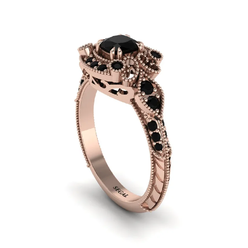 Trendy Stackable Rings For Layered Style-Black Diamond Vintage Filigree Cushion Cut Engagement Ring - Elaina No. 38