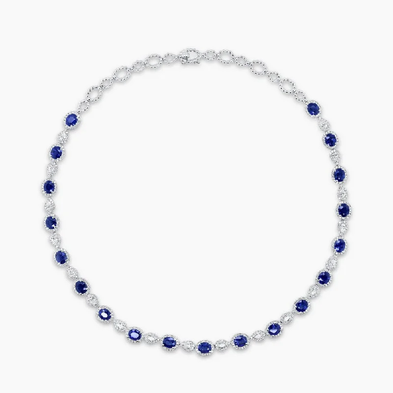 Uneek Precious Collection Halo Oval Shaped Blue Sapphire Choker Necklace