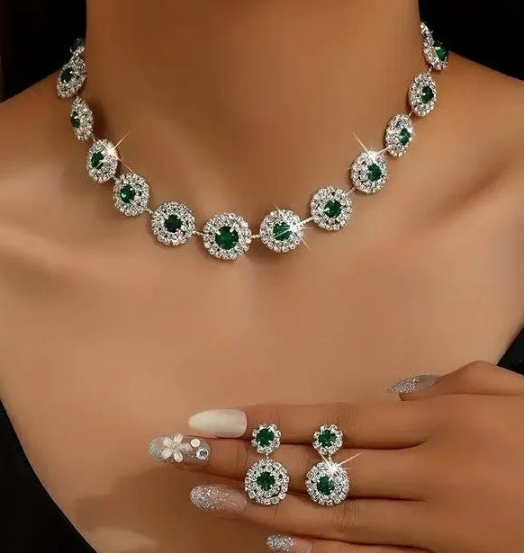 3pcs SILVER Emerald Green Jewelry Set l Rhinestone Earrings l Necklace l Bracelet l Prom l Wedding JS-931