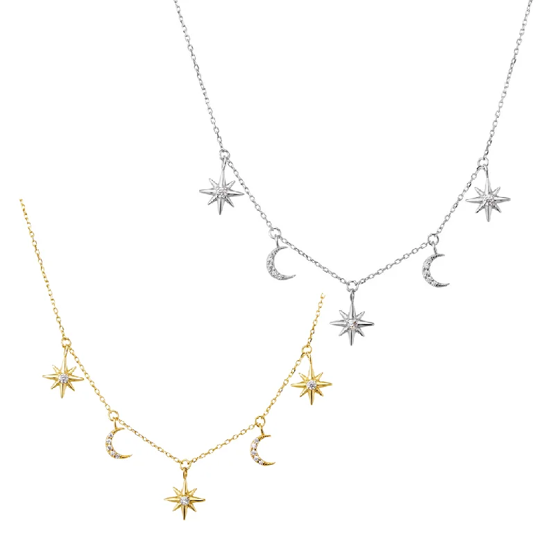 Sterling Silver Necklace - CZ Star and Moon