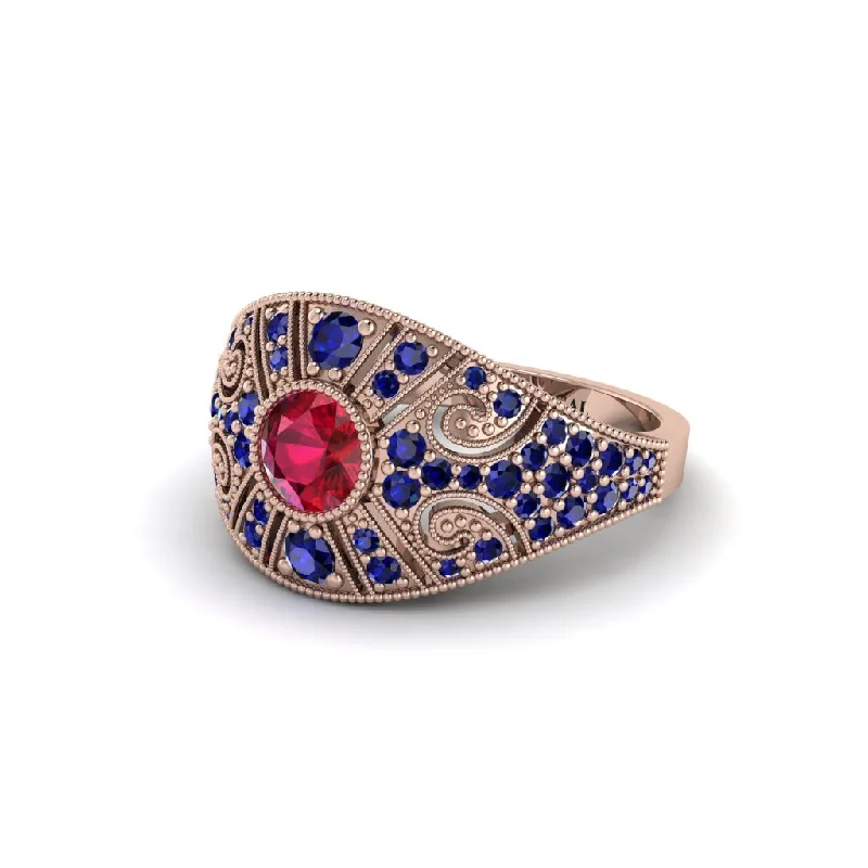 Affordable Gemstone Wedding Rings For Budget Brides-Ruby Vertical Three Stone Vintage Engagement Ring - Vivienne No. 71