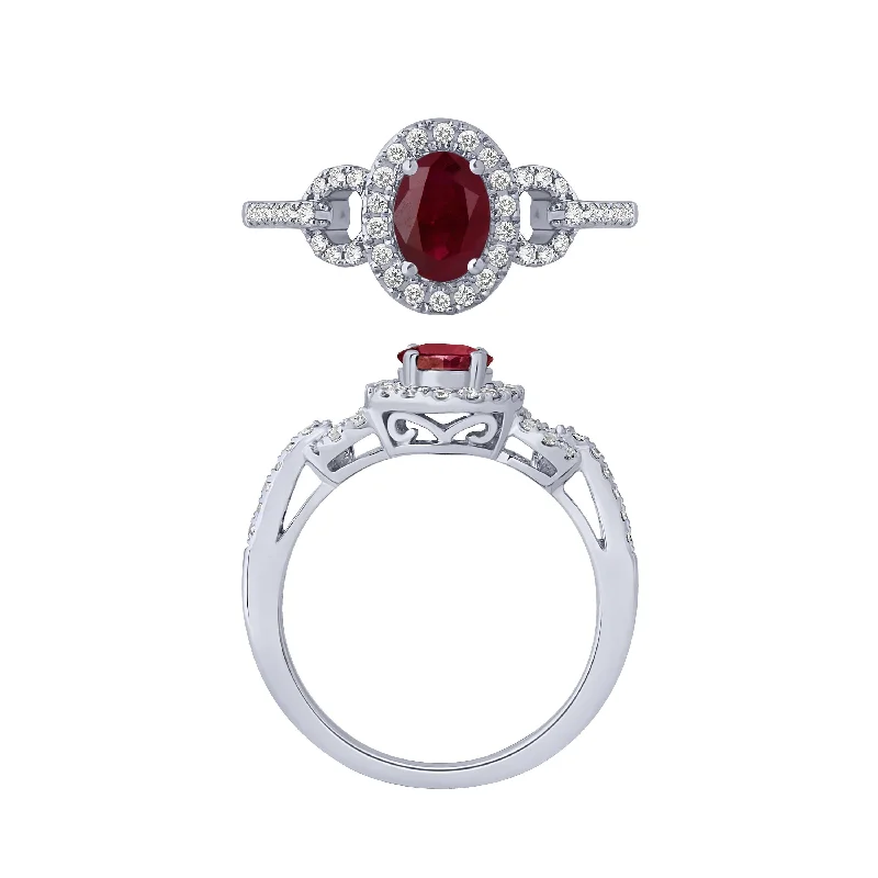 Custom Birthstone Rings For Personalized Jewelry-14K White Gold Ruby And Diamond Ring Oval Ruby Center