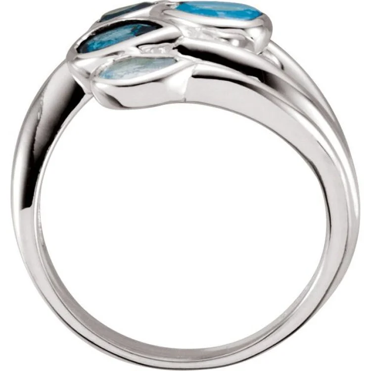 Sparkling Cocktail Rings For Special Celebrations-Sterling Silver Natural Sky Blue, Natural London Blue & Natural Swiss Blue Topaz Bypass Ring