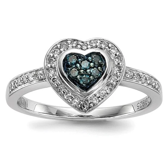 Custom Diamond Rings For Personalized Glam-Sterling Silver Blue and White Diamond Heart Ring