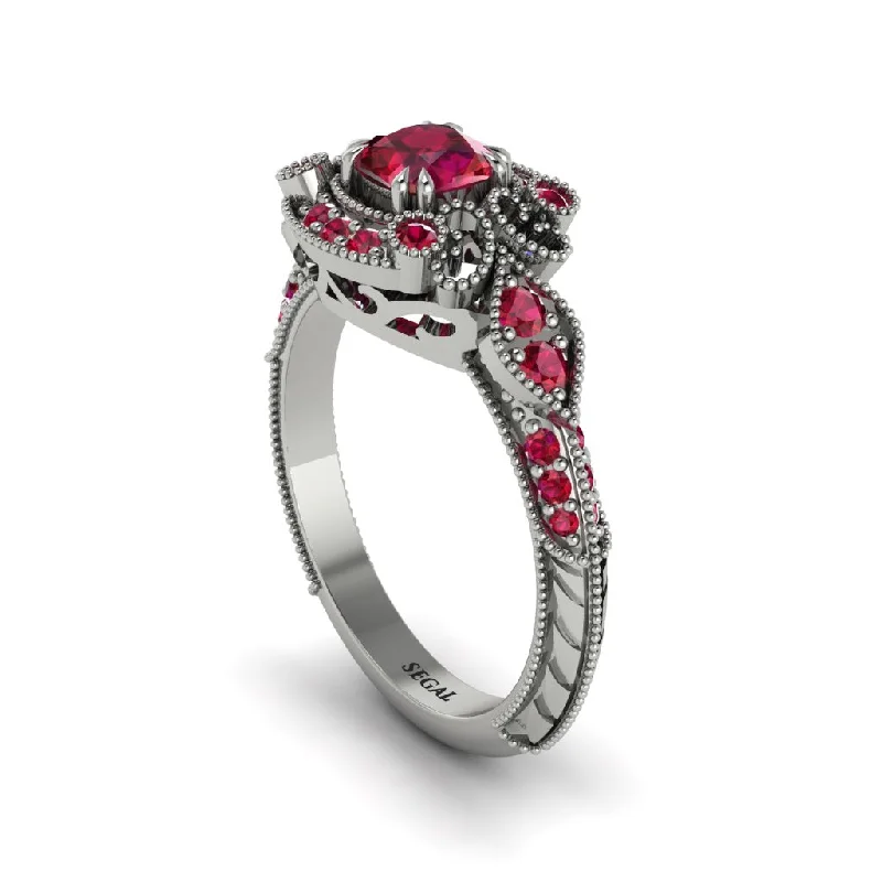 Gorgeous Gemstone Engagement Rings For Brides-Ruby Vintage Filigree Cushion Cut Engagement Ring - Elaina No. 57