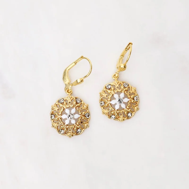 Personalized Gold Earrings For Custom Fashion-Gold Filigree Earrings with White Enamel Flower & Crystals