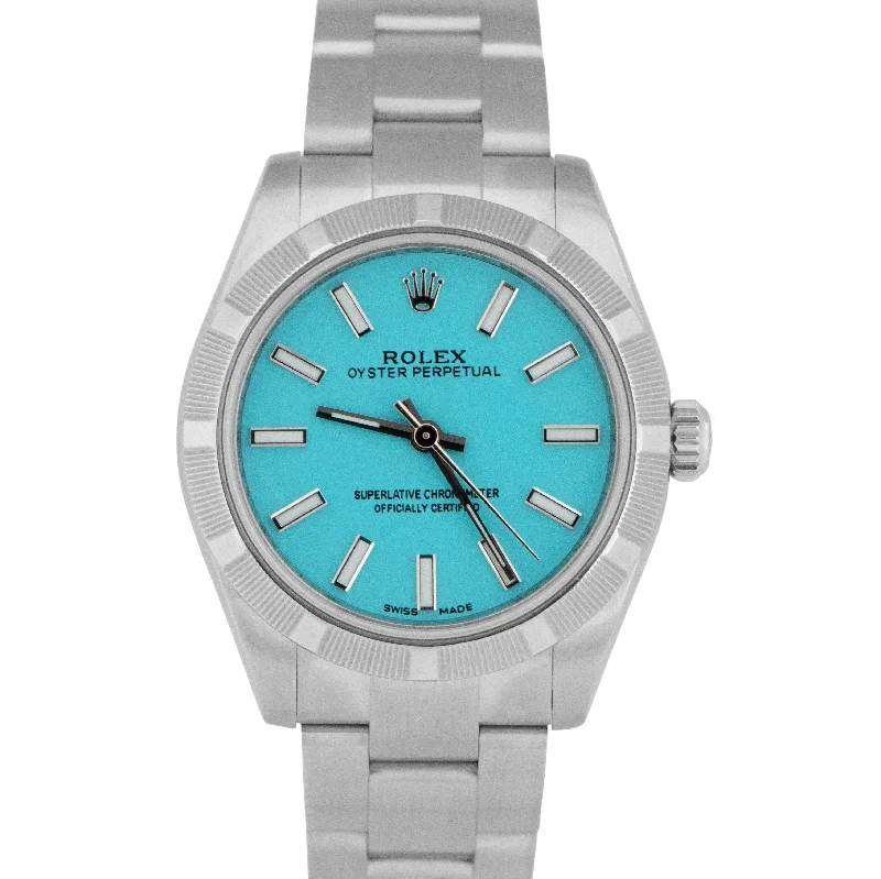 Unique Wood Watches For Natural Style-MINT Ladies Rolex Oyster Perpetual Turquoise Blue Stainless 31mm Watch 177210