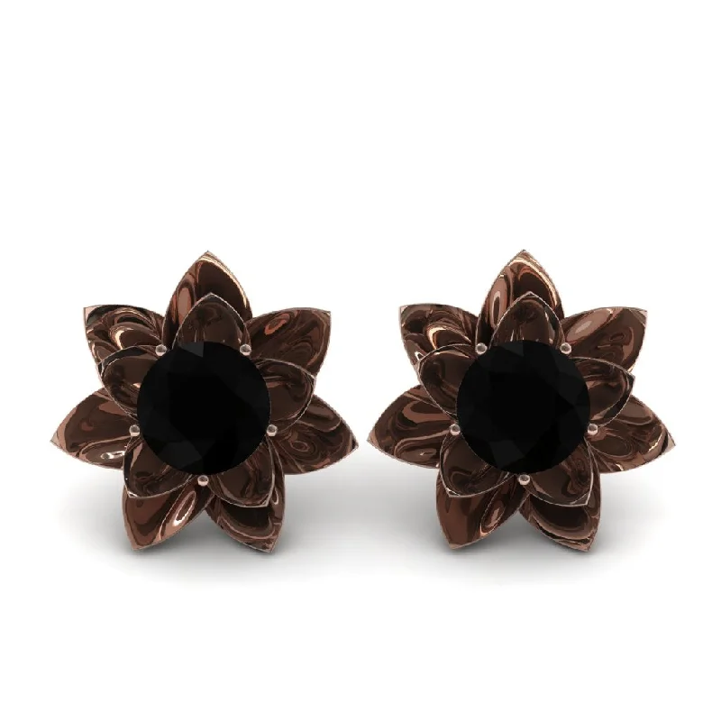 Elegant Gold Earrings For Luxury Events-Lotus Flower Black Diamond Earrings - Lotus no. 5