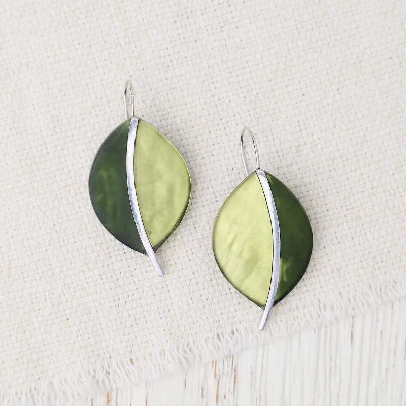 Dangle Earrings For Special Events-Two Tone Green Leaf Earrings