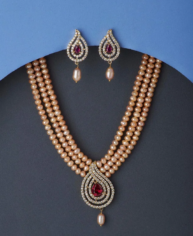 Trendy Stone Studded Pink Pearl Necklace Set