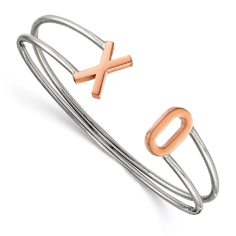 Boho-Inspired Bangles For Free-Spirited Fashion-Stainless Steel Polished Rose IP-plated XO Flexible Cuff Bangle