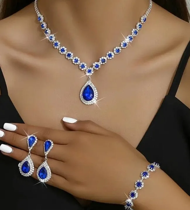 4pcs SILVER Blue Jewelry Set l Rhinestone Earrings l Necklace l Bracelet l Prom l Wedding  JS-935