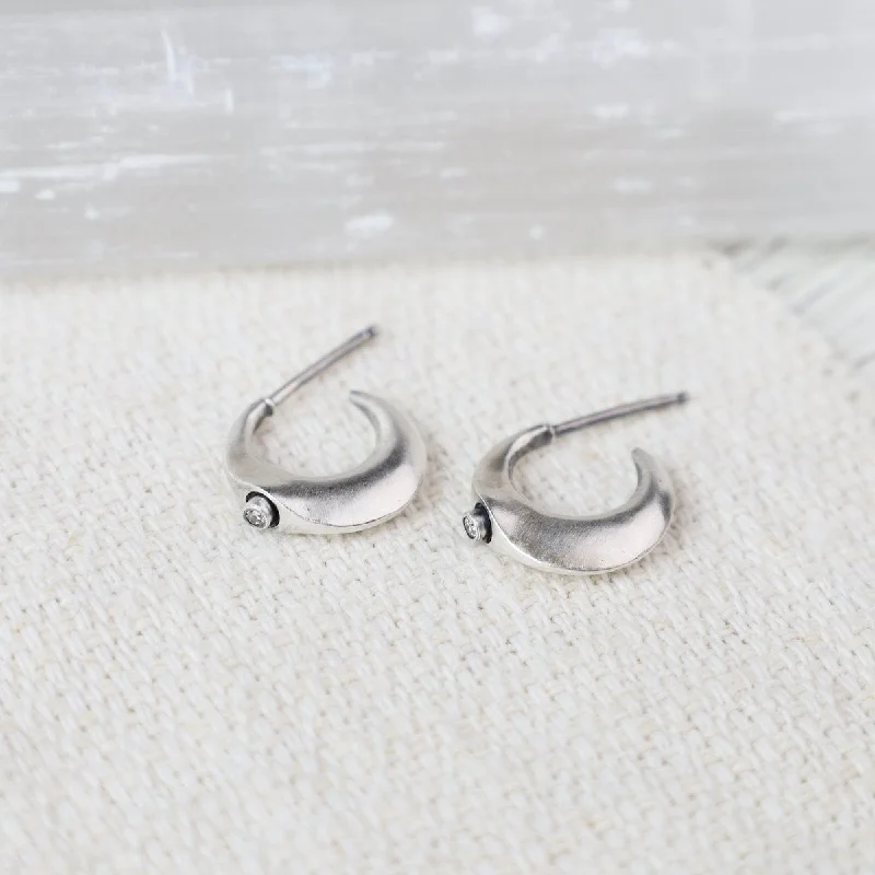 Elegant Earrings For Wedding Day Glam-Oxidized Sterling Silver Diamond Crescent Huggie Earrings