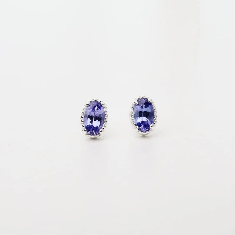 Classic Drop Earrings For Elegant Look-Sterling Silver Oval Tanzanite with Milgrain Edge Stud Earrings