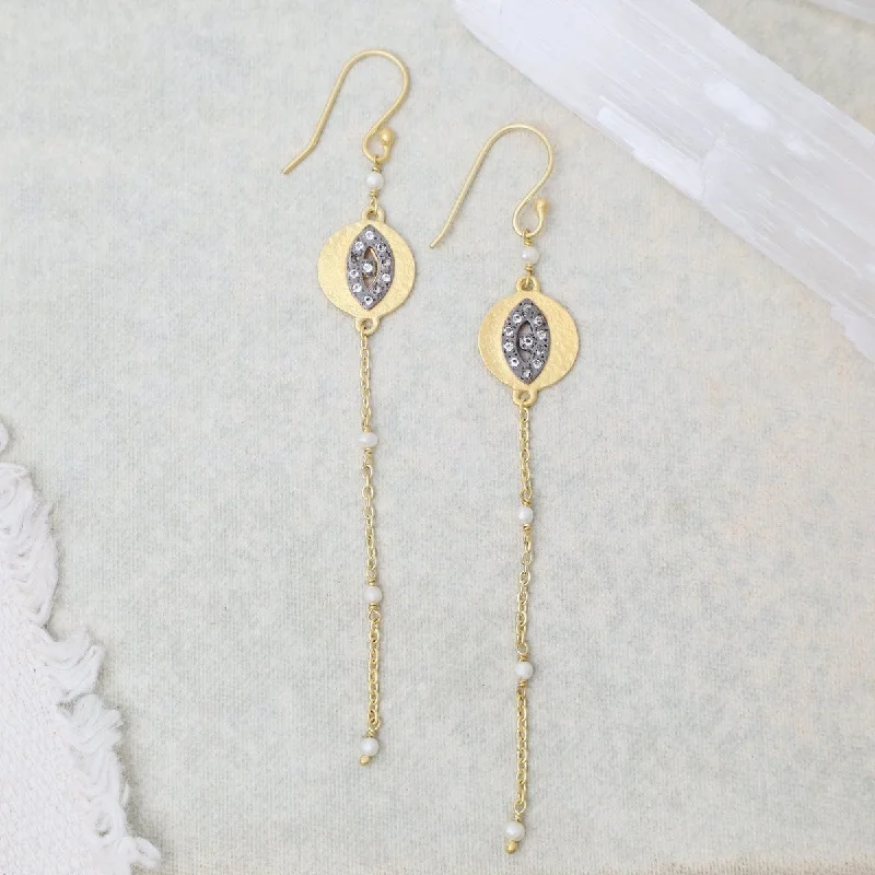 Crystal Earrings For Elegant Looks-Two Tone Evil Eye Earrings with Pearl Drop