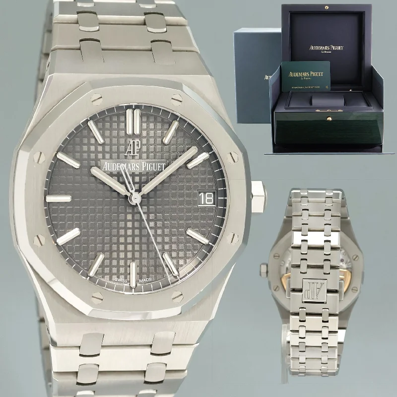 Durable Outdoor Watches For Adventure Seekers-2024 MINT Papers Audemars Piguet Royal Oak 41mm Steel 15500ST Grey Watch Box