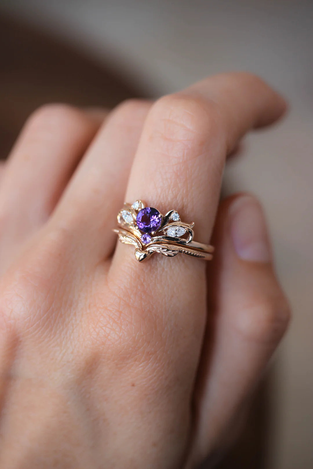 Stunning Rose Gold Wedding Rings For Romantic Glam-Amethyst Heaven 2 Set Ring