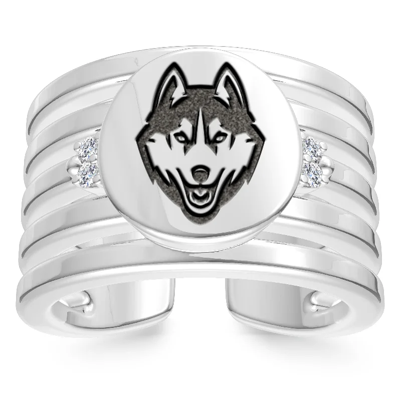 Unique Custom Engagement Rings For Brides-UCONN Diamond Logo Engraved Multiband Ring in Sterling Silver