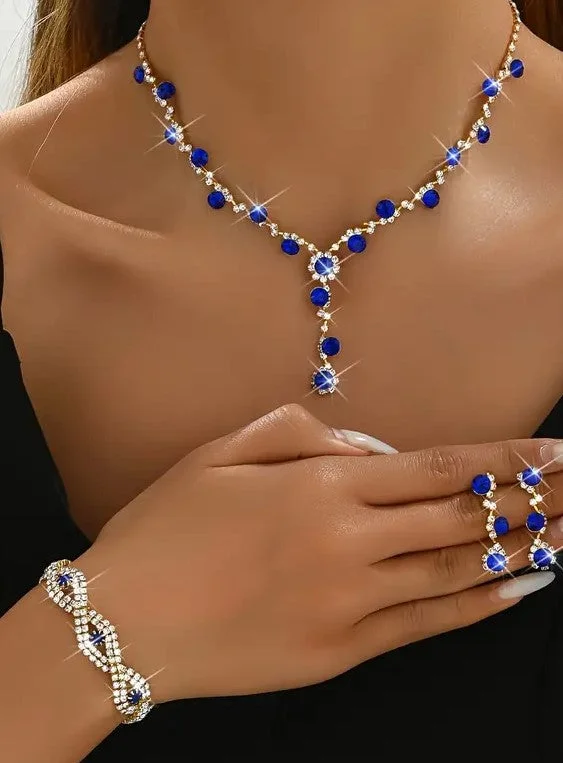 3pcs Blue Jewelry Set l Rhinestone Earrings l Necklace l Bracelet l Prom l Wedding JS-939