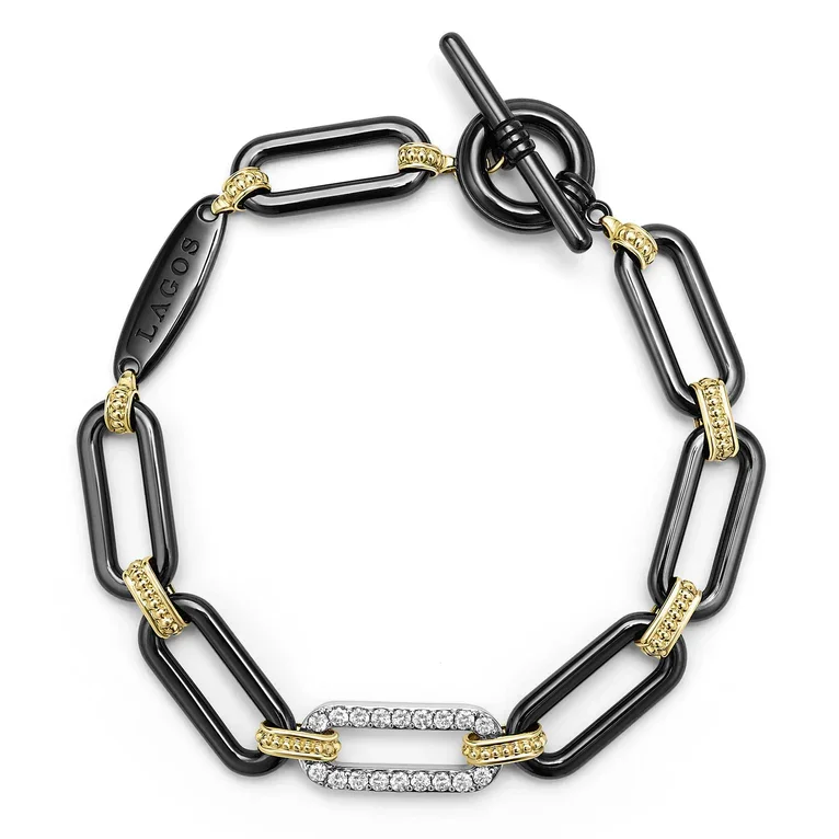 Timeless Adjustable Bracelets For Comfortable Wear-Caviar Black Ceramic and Diamond 20mm Oval Link Bracelet in 18K Yellow and White Gold with Toggle Clasp