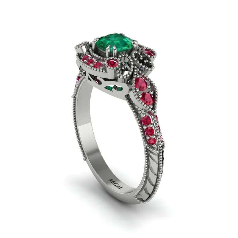 Affordable Gold Engagement Rings For Brides-Emerald Vintage Filigree Cushion Cut Engagement Ring - Elaina No. 51