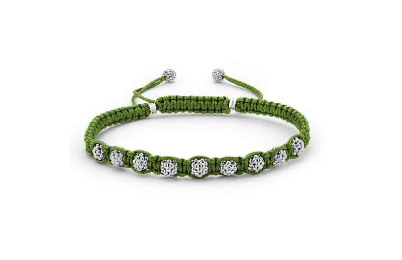 Beautiful Birthstone Bracelets For Special Occasions-Anthem Green Macrame Caviar Ball Rope Bracelet in Sterling Silver, Size 8