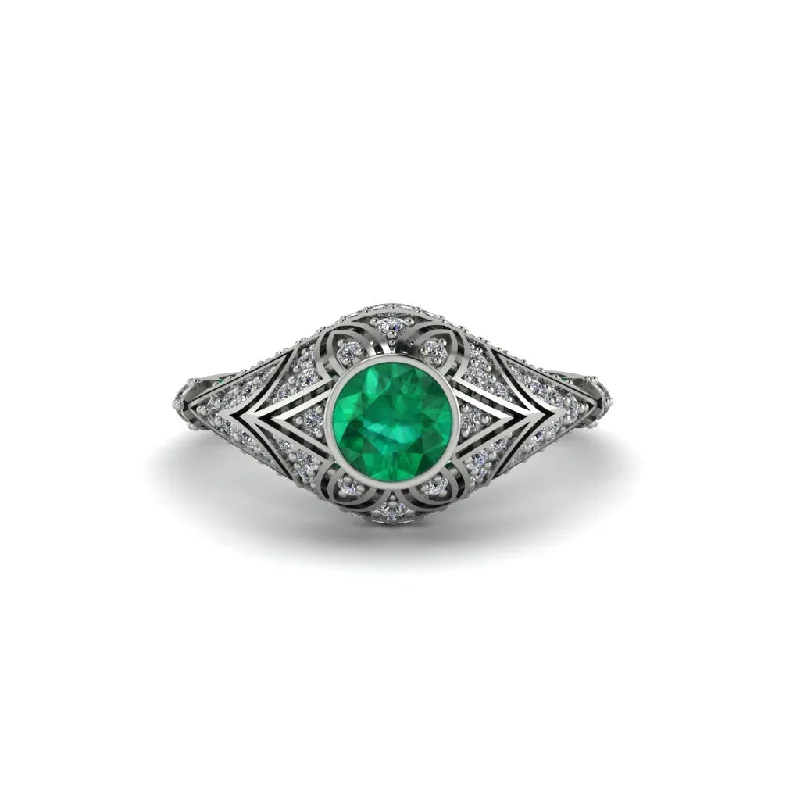 Luxury Wedding Bands For Stylish Brides-Emerald Bezel Vintage Filigree Engagement Ring - Kendall No. 6