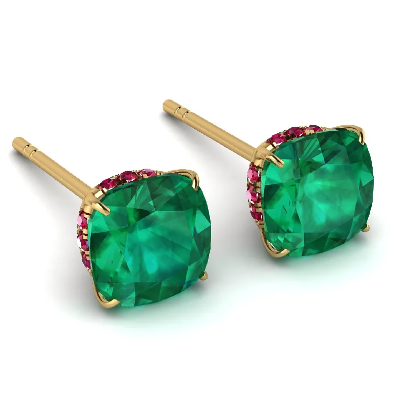 Chic Silver Earrings For Modern Fashion-Hidden Halo Cushion Emerald Earrings - Alivia No. 49